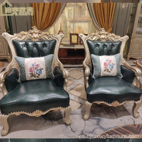 Juego de sofás de cuero artesanal de madera de estilo europeo de 7 asientos